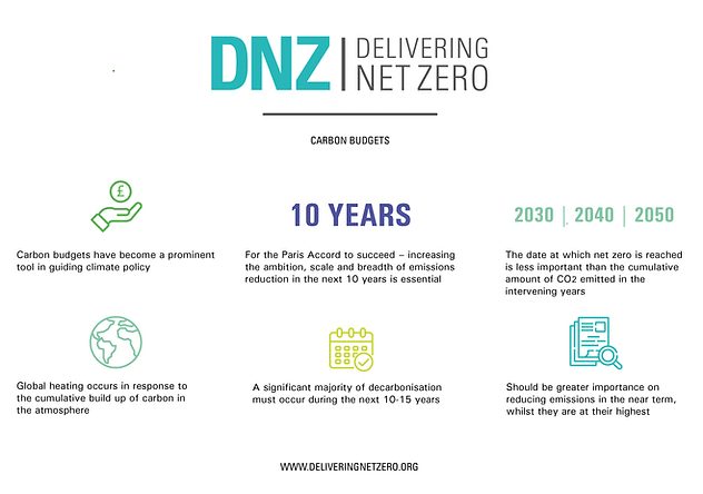 DNZ graphic highlighting key information from the Carbon Budgets document
