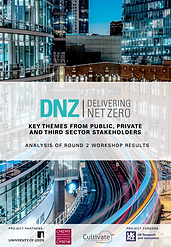 Report cover for a Delivering Net Zero report entitled "Key Themes from Public, Private and Third Sector Stakeholders"